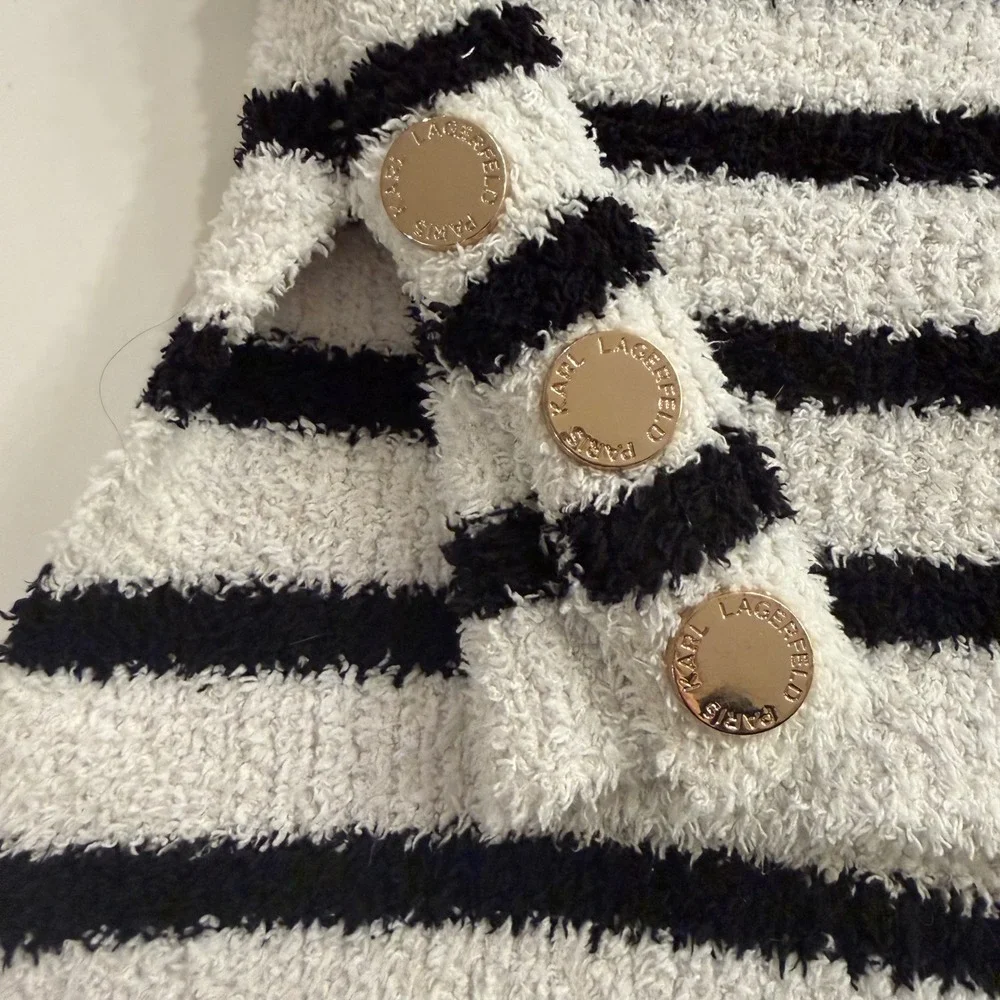 Karl Lagerfeld Paris‎ Black White Stripe Fuzzy Turleneck Sweater Top L
